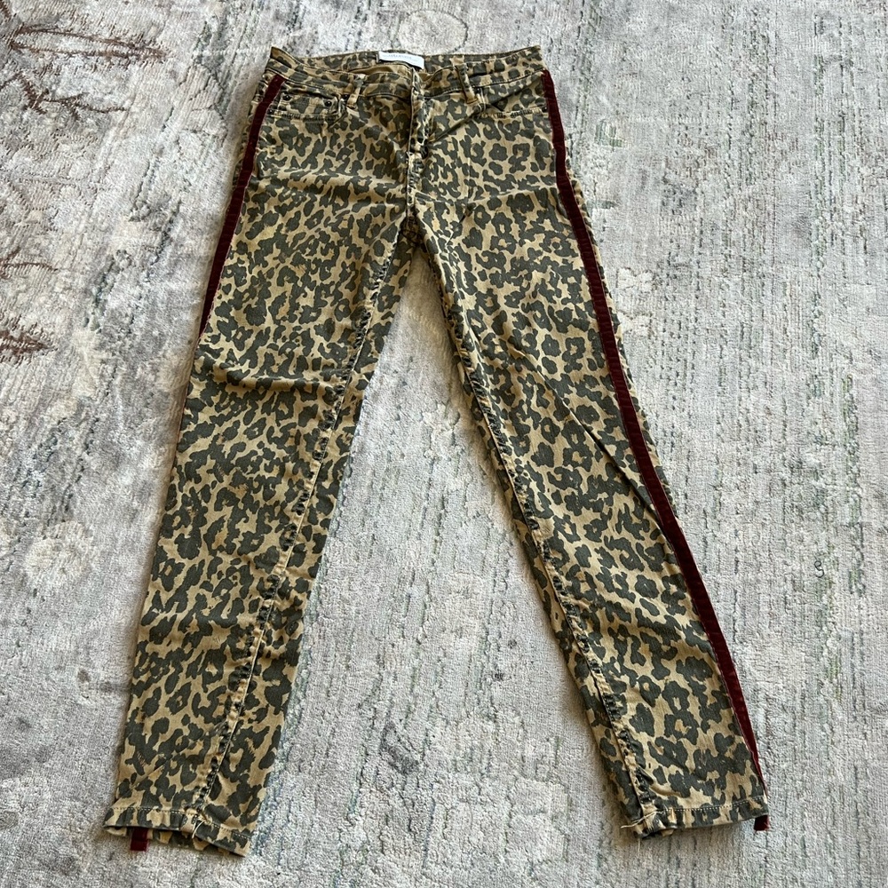 ZARA cheetah jeans with dark red velvet stripe on side